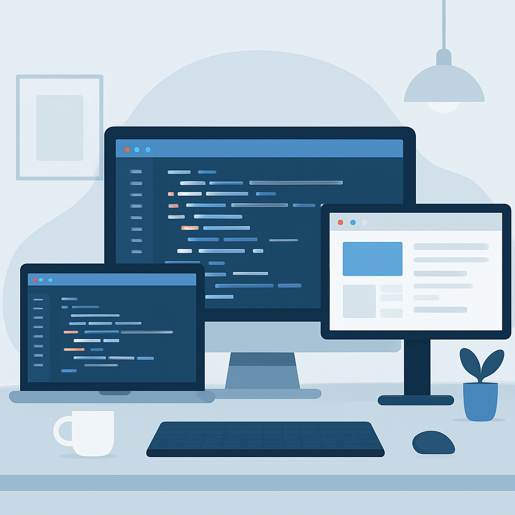 Developer workspace with multiple coding tools displayed on screens
