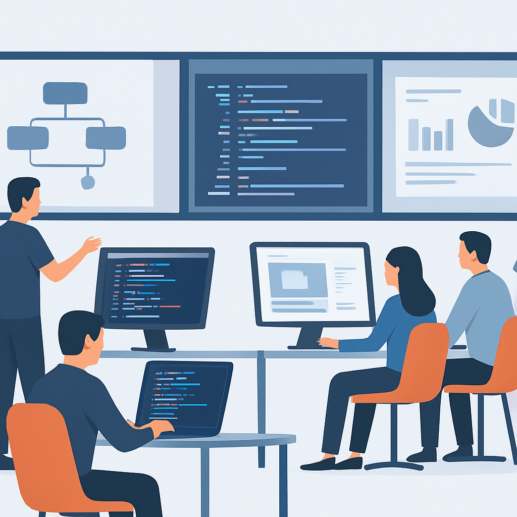 Collaborative development workspace with team using modern coding tools