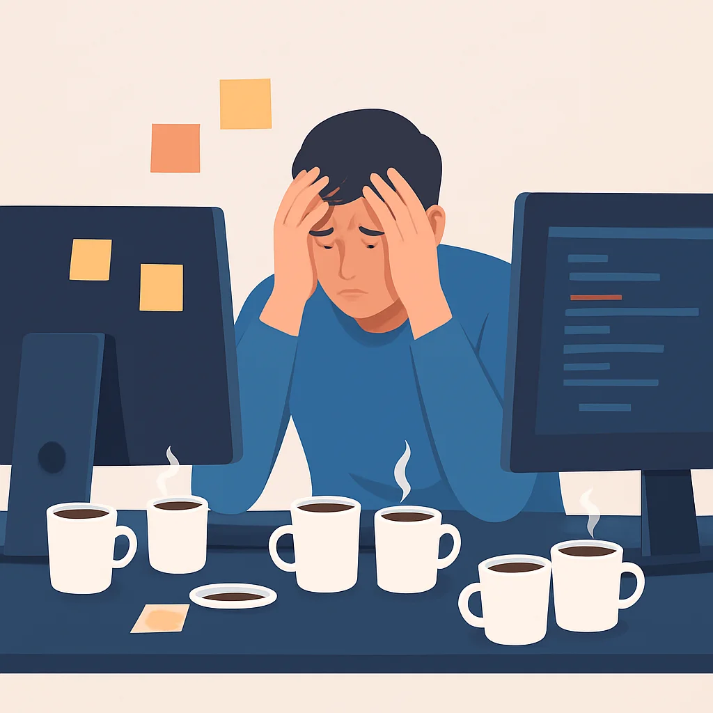Stressed developer experiencing burnout at a desk