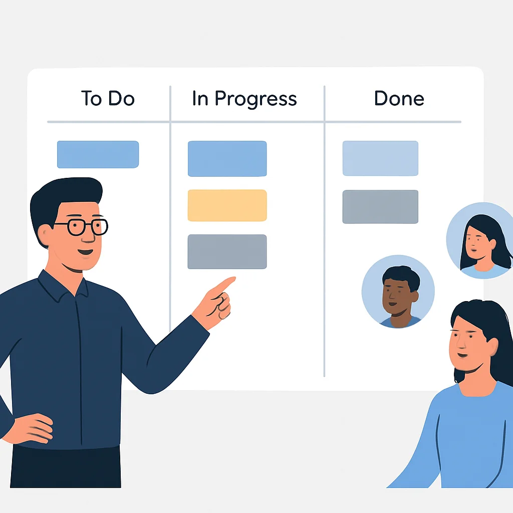 Team lead delegating tasks on a project board