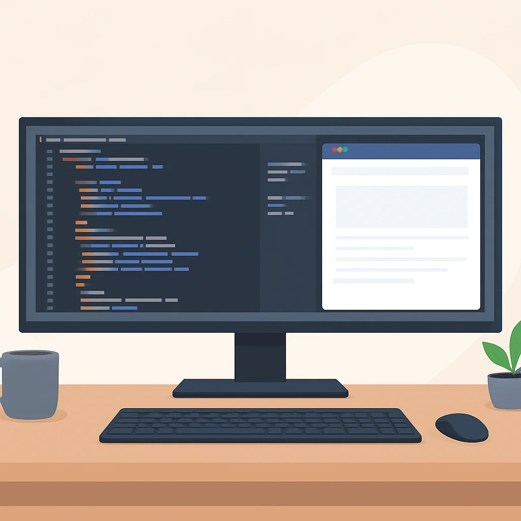 Developer working on an ultrawide monitor setup
