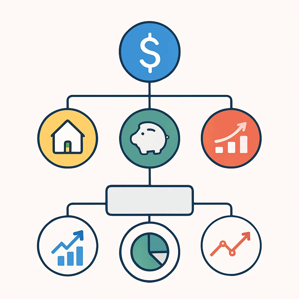 Financial goals flowchart with short, medium, and long-term paths