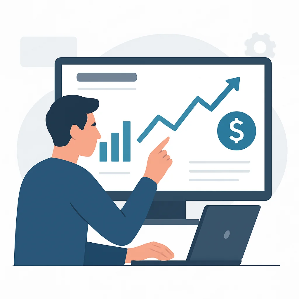 Developer analyzing financial dashboard with positive investment growth