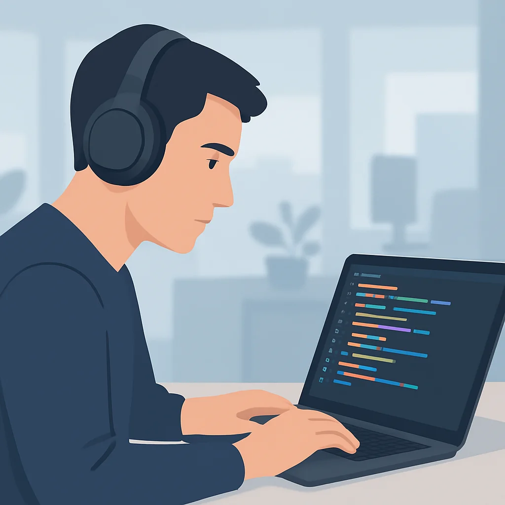 Developer wearing ergonomic noise-cancelling headphones while coding