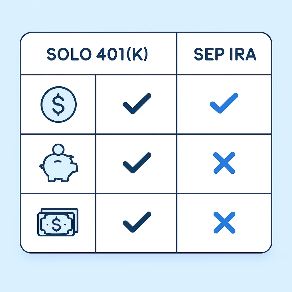 Solo 401(k) vs SEP IRA comparison table