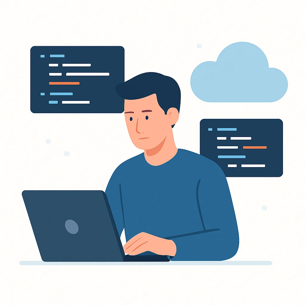 Developer building serverless API on laptop with cloud services