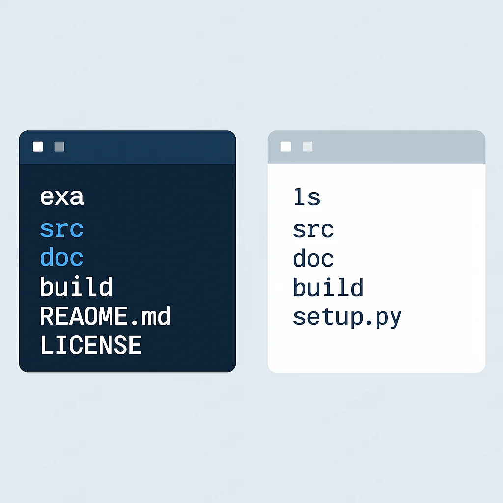 Exa vs ls command output comparison for directory listing