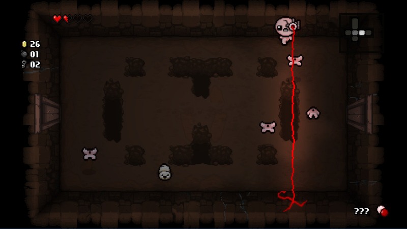 Isaac shooting tears at a monster in a dark, pixelated dungeon