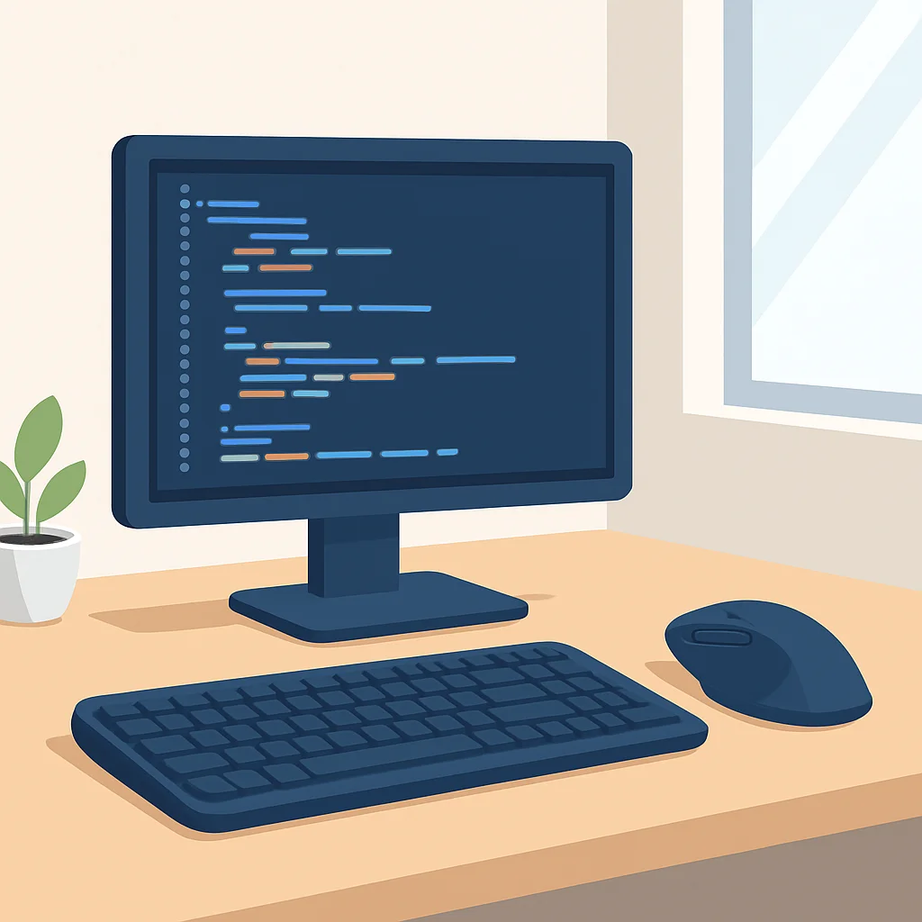 Developer desk setup with ergonomic mouse