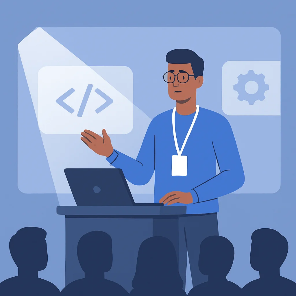 Developer confidently presenting their work, symbolizing a strong personal brand