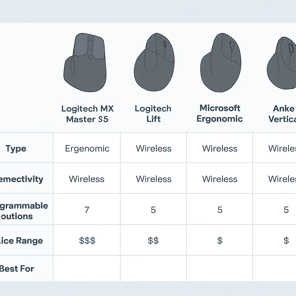 Ergonomic mouse comparison table for developers