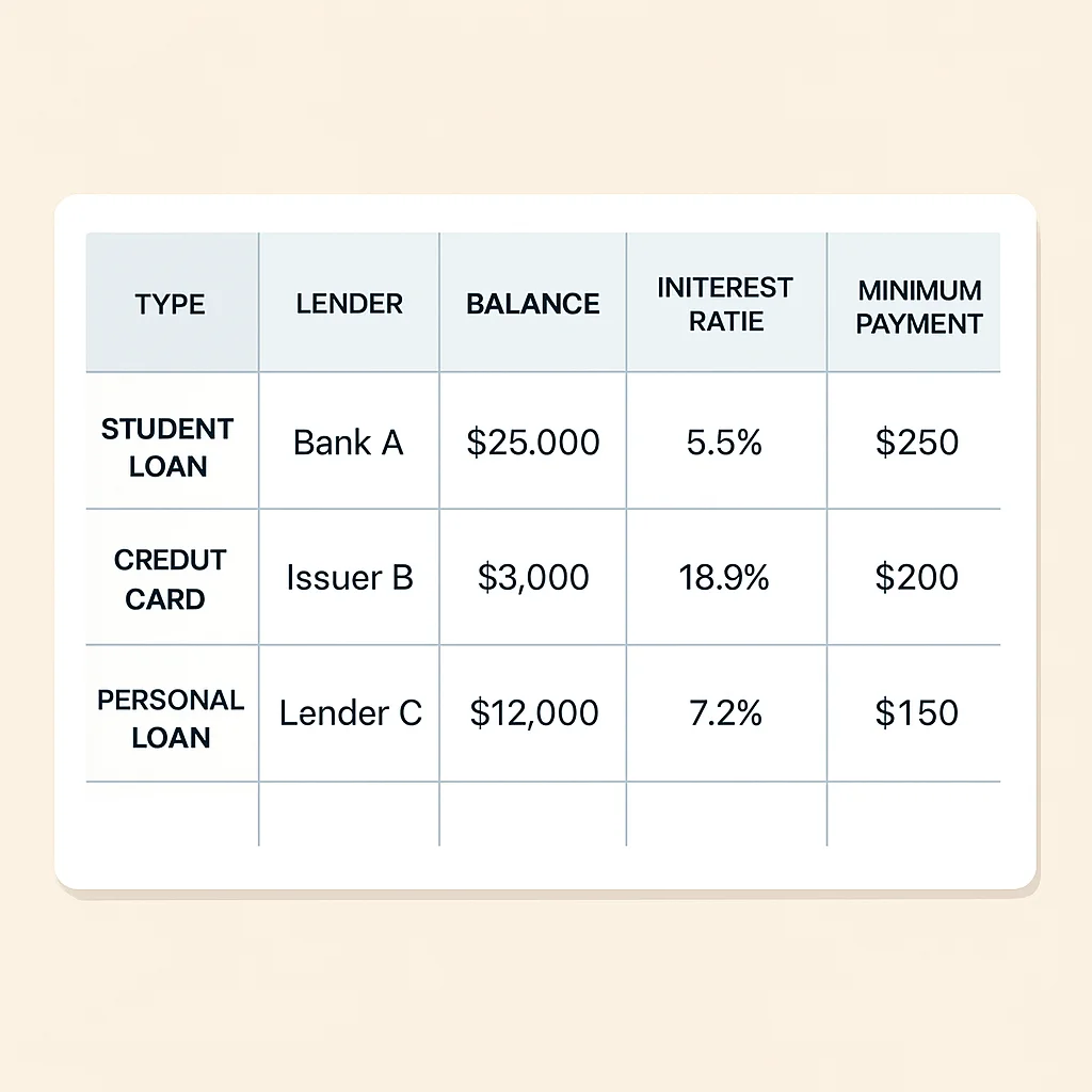 Debt inventory spreadsheet showing balances, interest rates, and minimum payments for different loan types