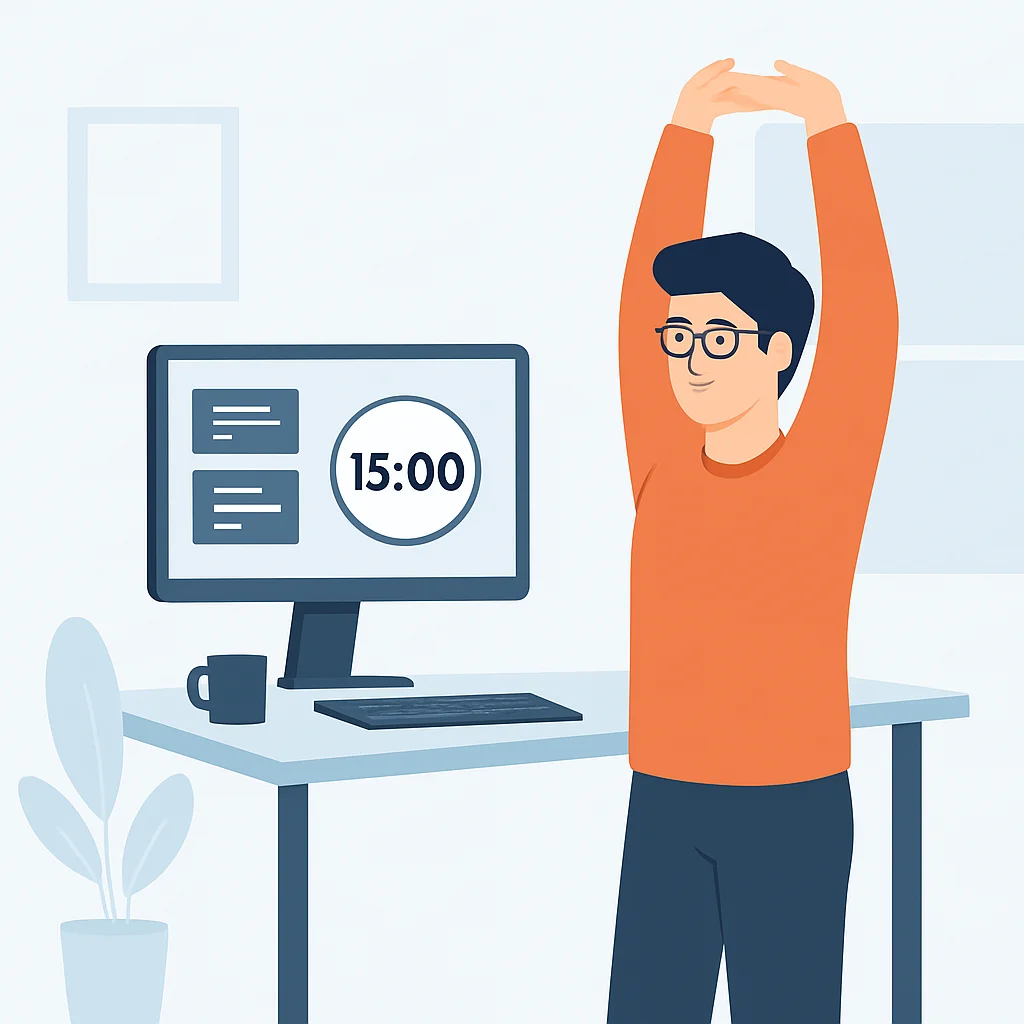 Developer taking a stretch break at a standing desk