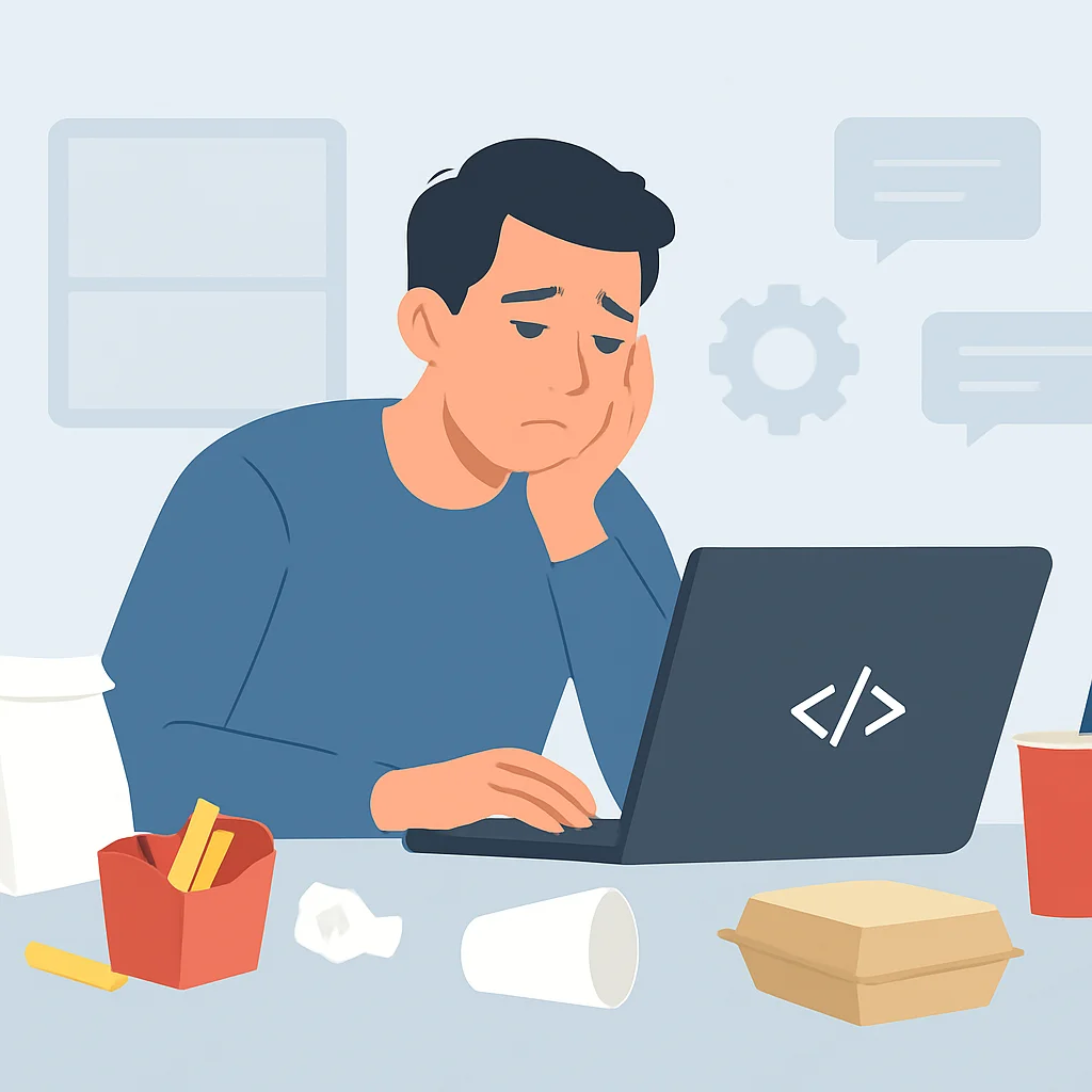 Developer experiencing burnout from unhealthy eating habits