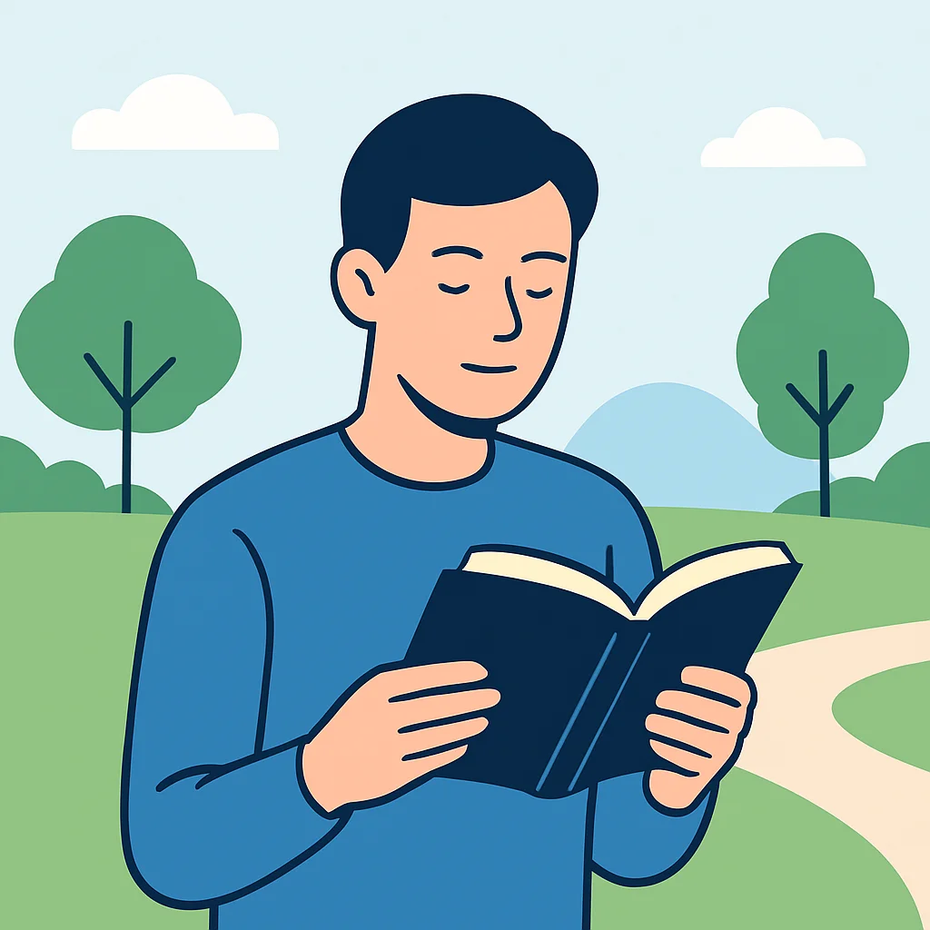 Person enjoying an analog activity, reading a physical book in nature