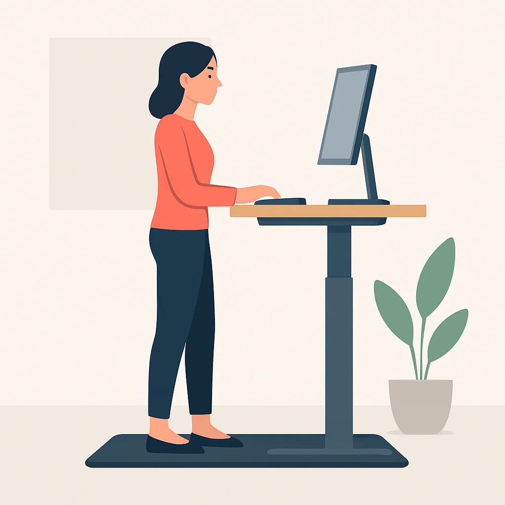 Developer using an anti-fatigue mat at a standing desk