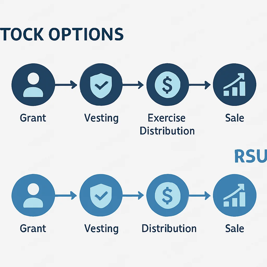 Stock Options vs. RSUs lifecycle comparison