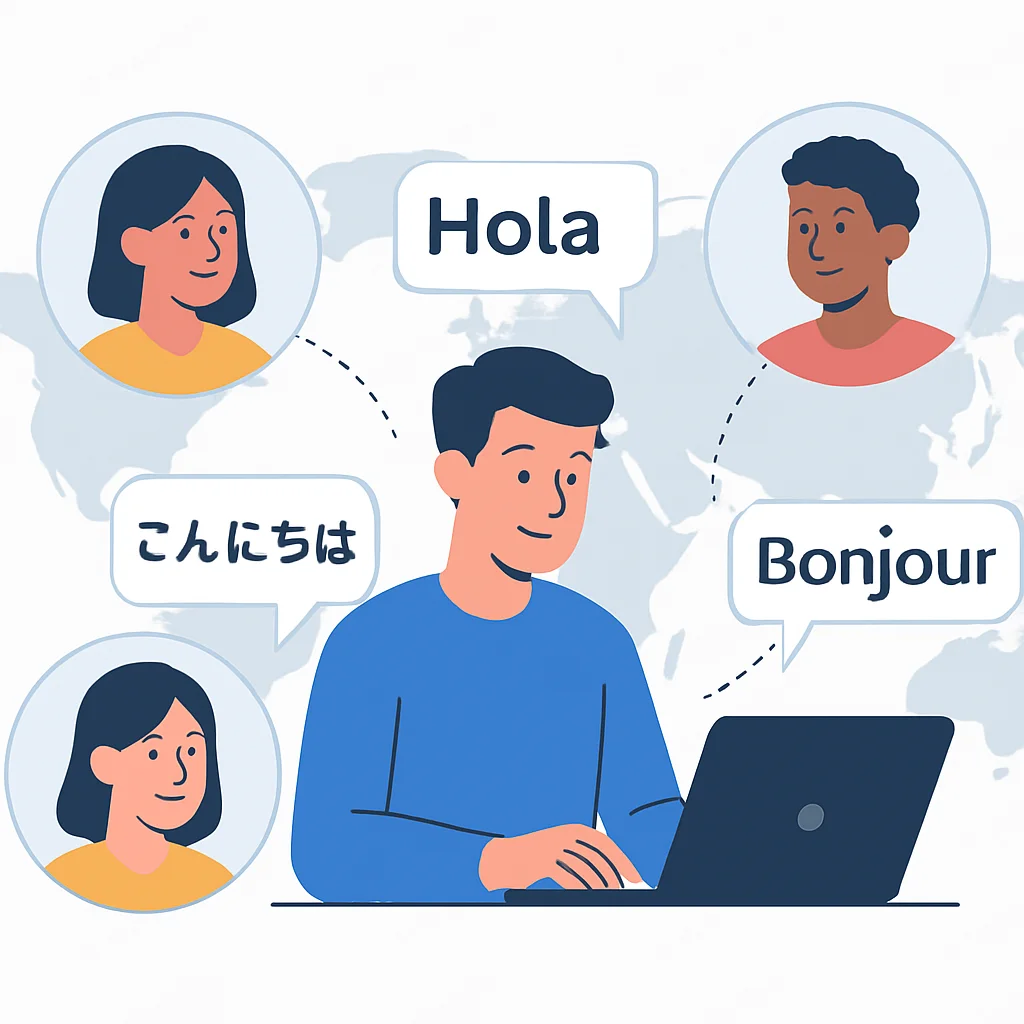 Developer collaborating globally, diverse languages