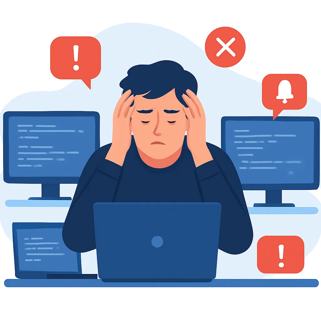 Stressed developer with digital overload and constant notifications