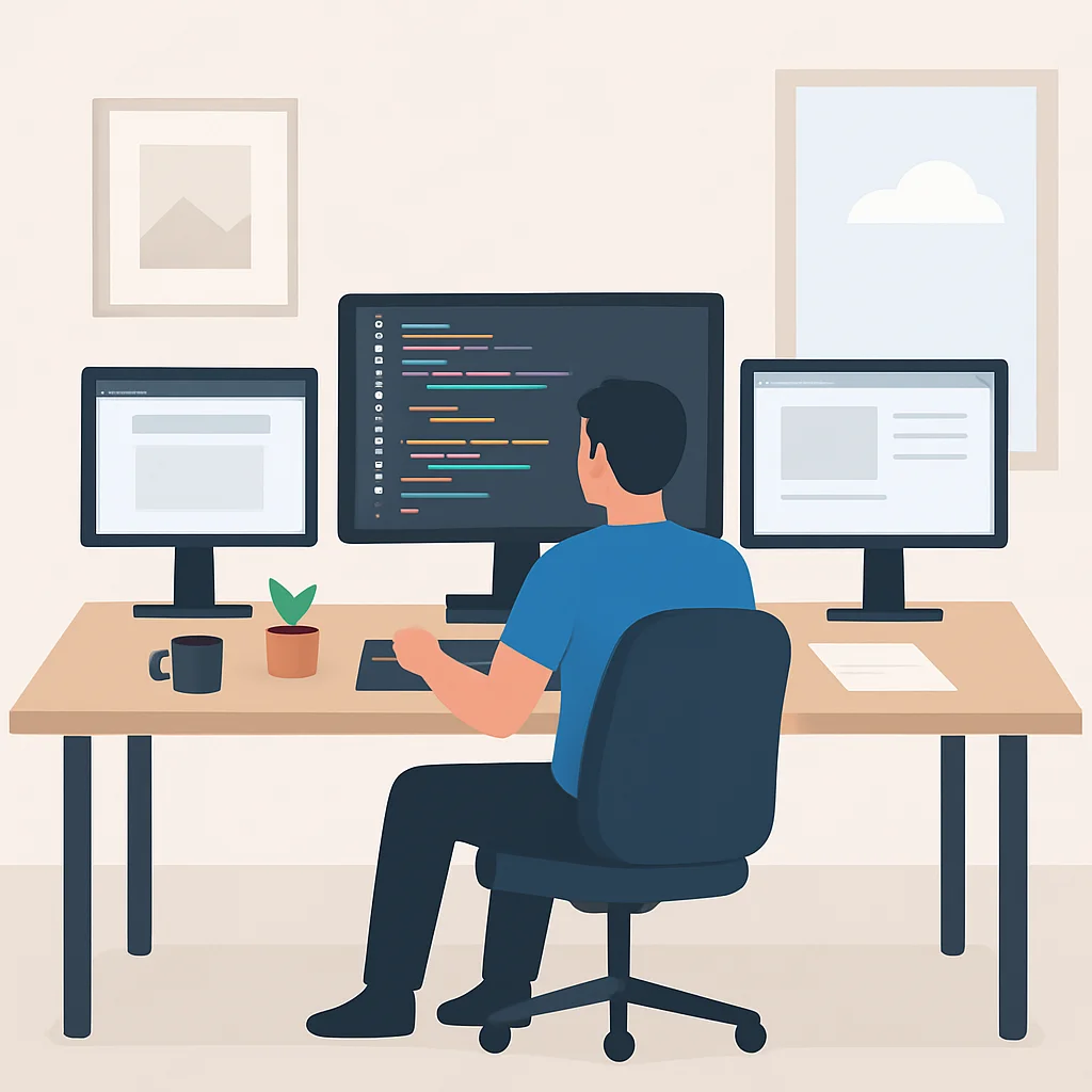 Developer's home office setup with tech equipment