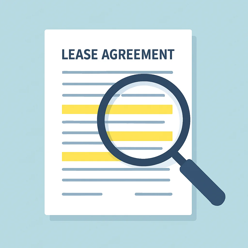 Lease agreement review with magnifying glass
