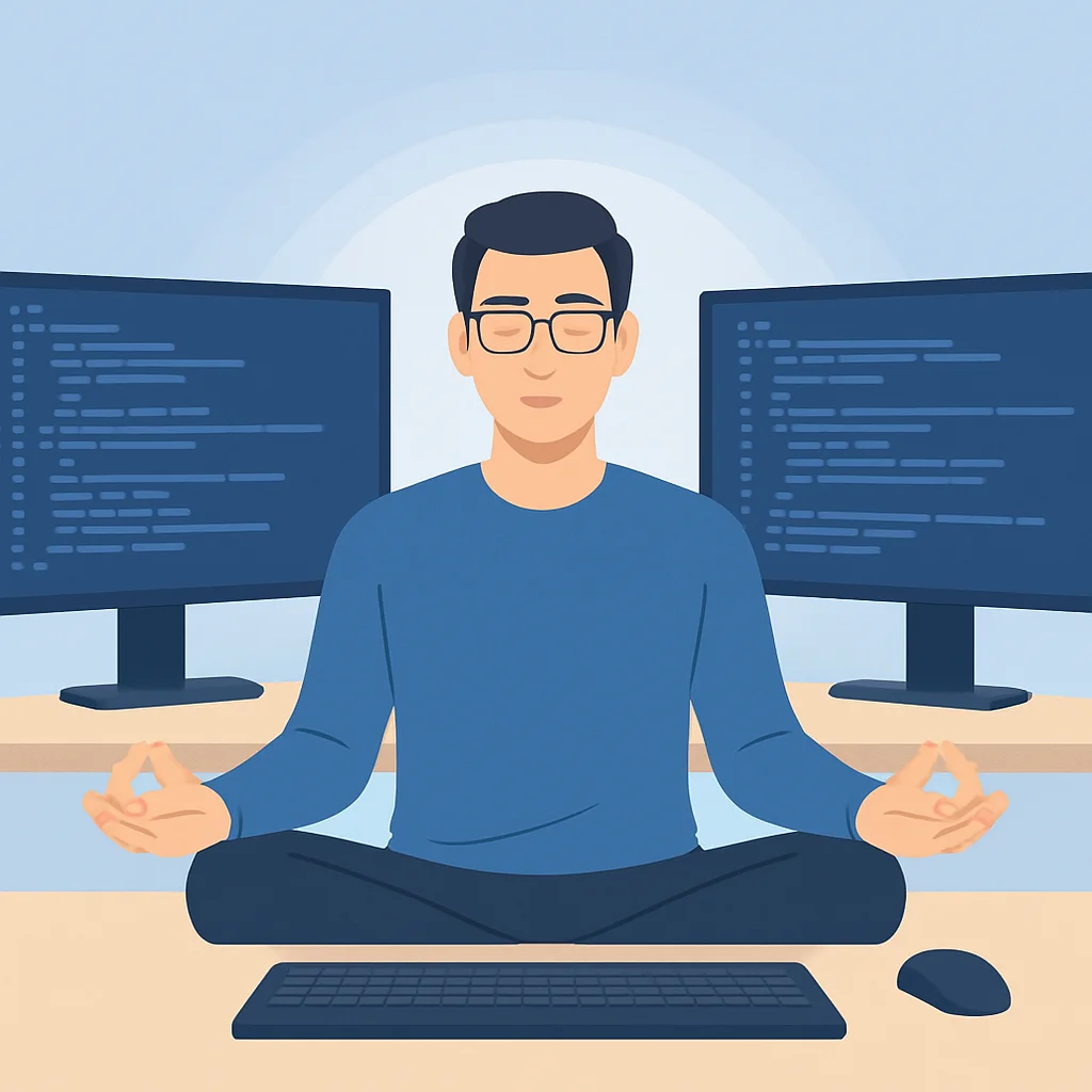 Developer meditating at desk with code, calm aura