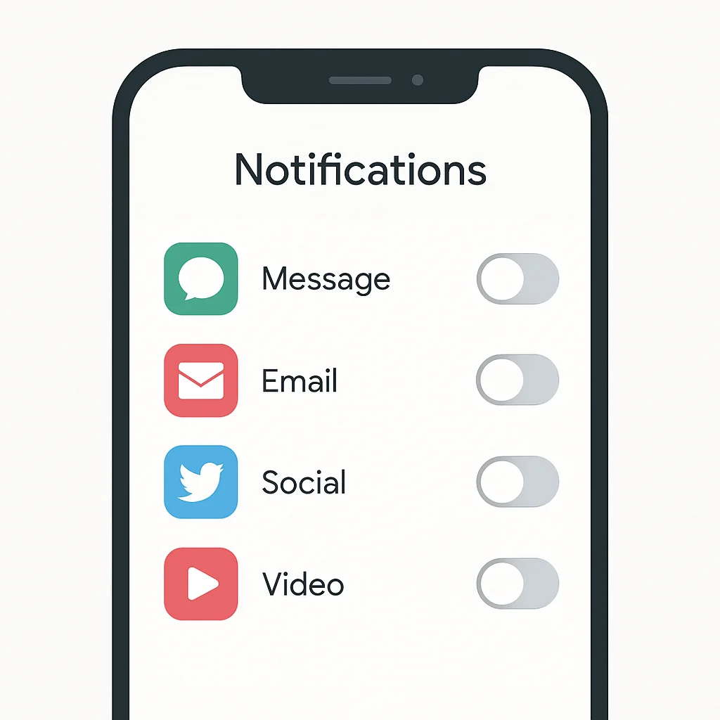 Smartphone notification settings with most app notifications disabled