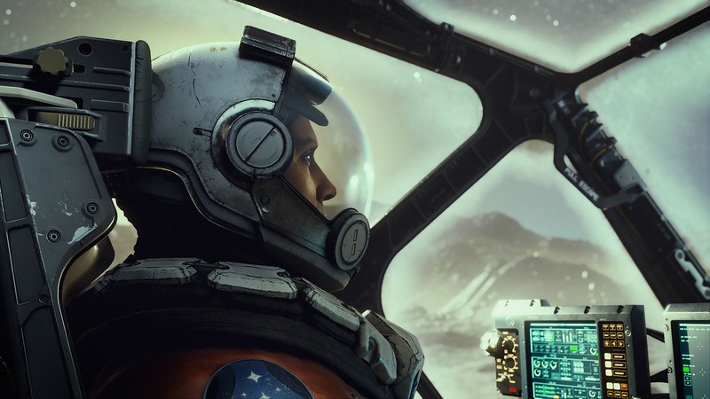 Starfield spaceship landing on a distant planet