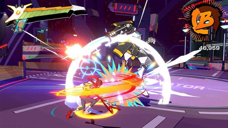 Chai performing a stylish combat move against a robot enemy