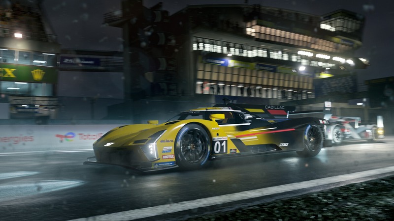 A high-performance car racing on a detailed track