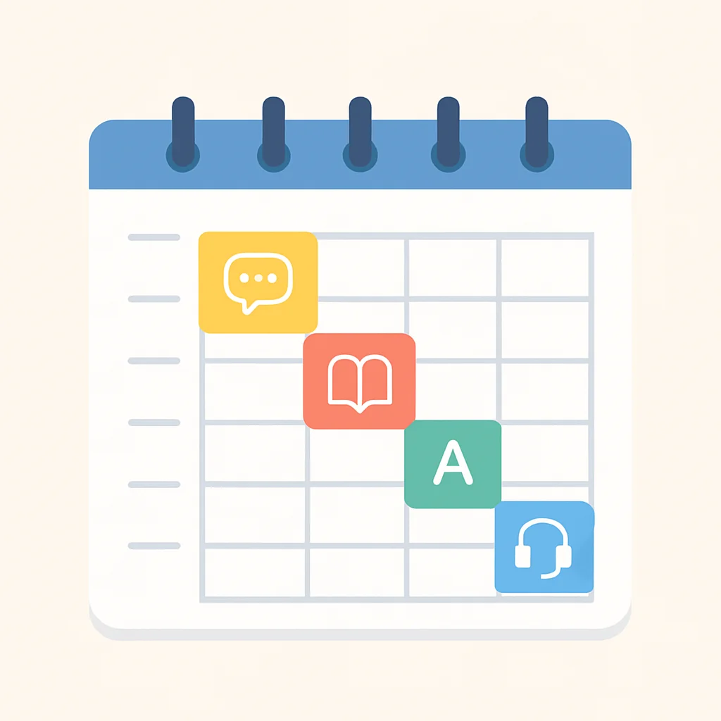 Daily language learning routine calendar for a developer