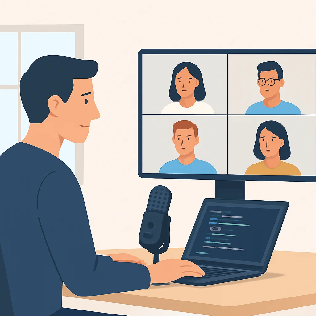 Developer using a USB microphone for a remote meeting