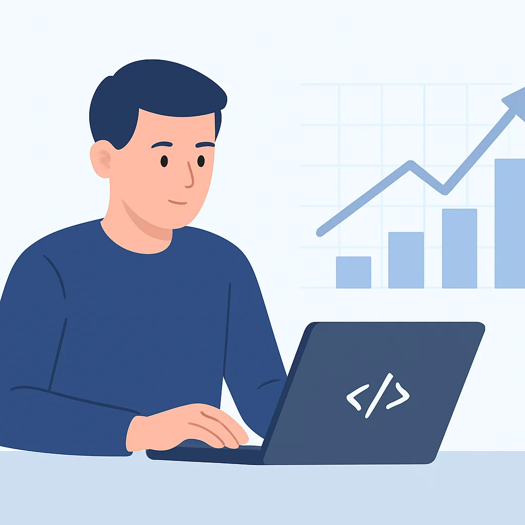 Developer coding with passive investment growth in background