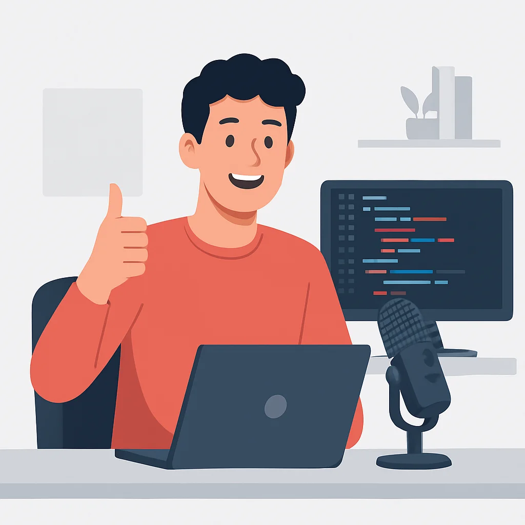 Happy developer with clear audio setup