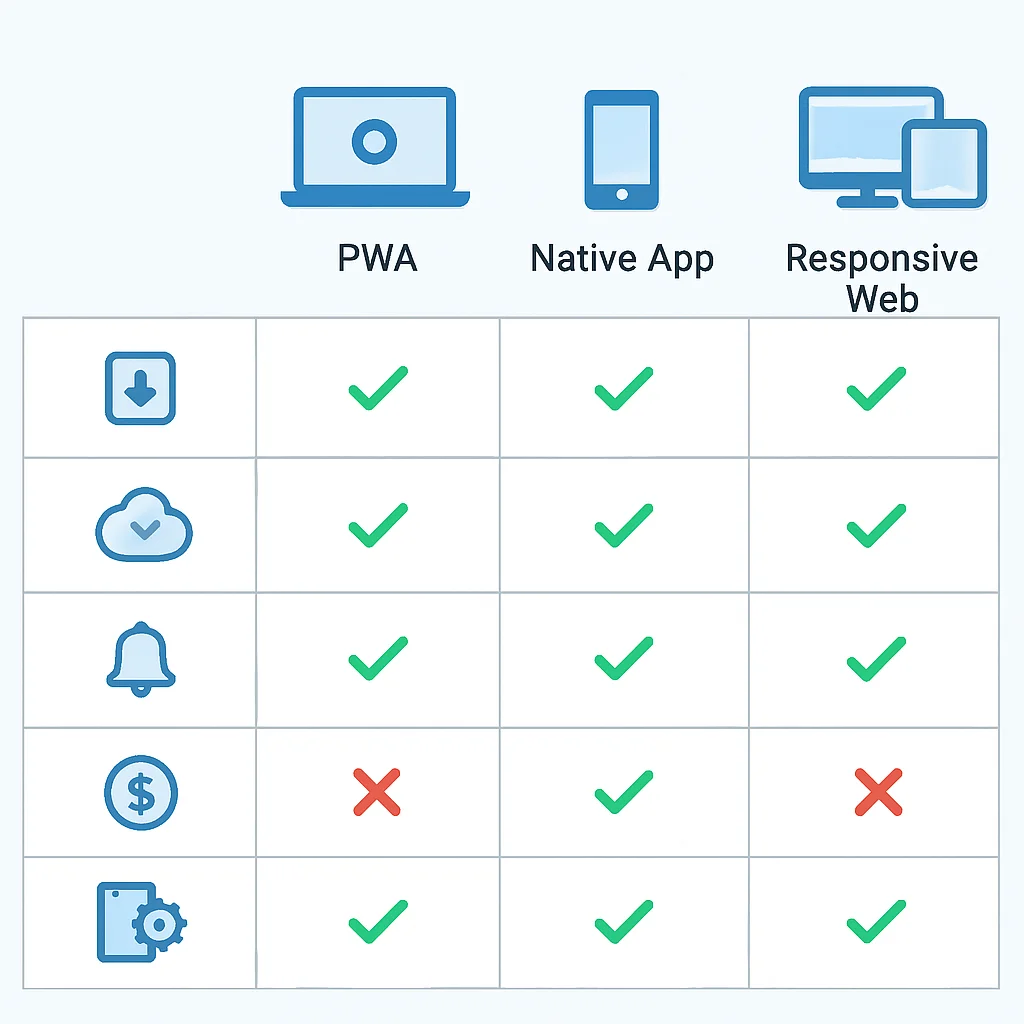 Feature comparison table of PWA vs Native vs Responsive Web