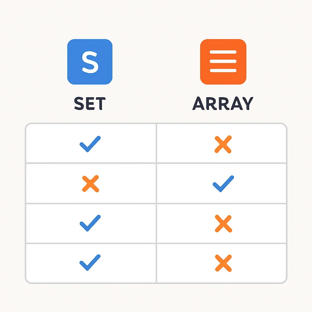 JavaScript Set vs Array comparison table