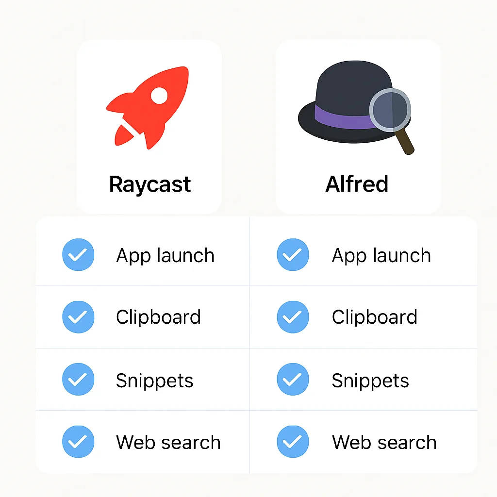 Raycast vs Alfred core feature comparison chart