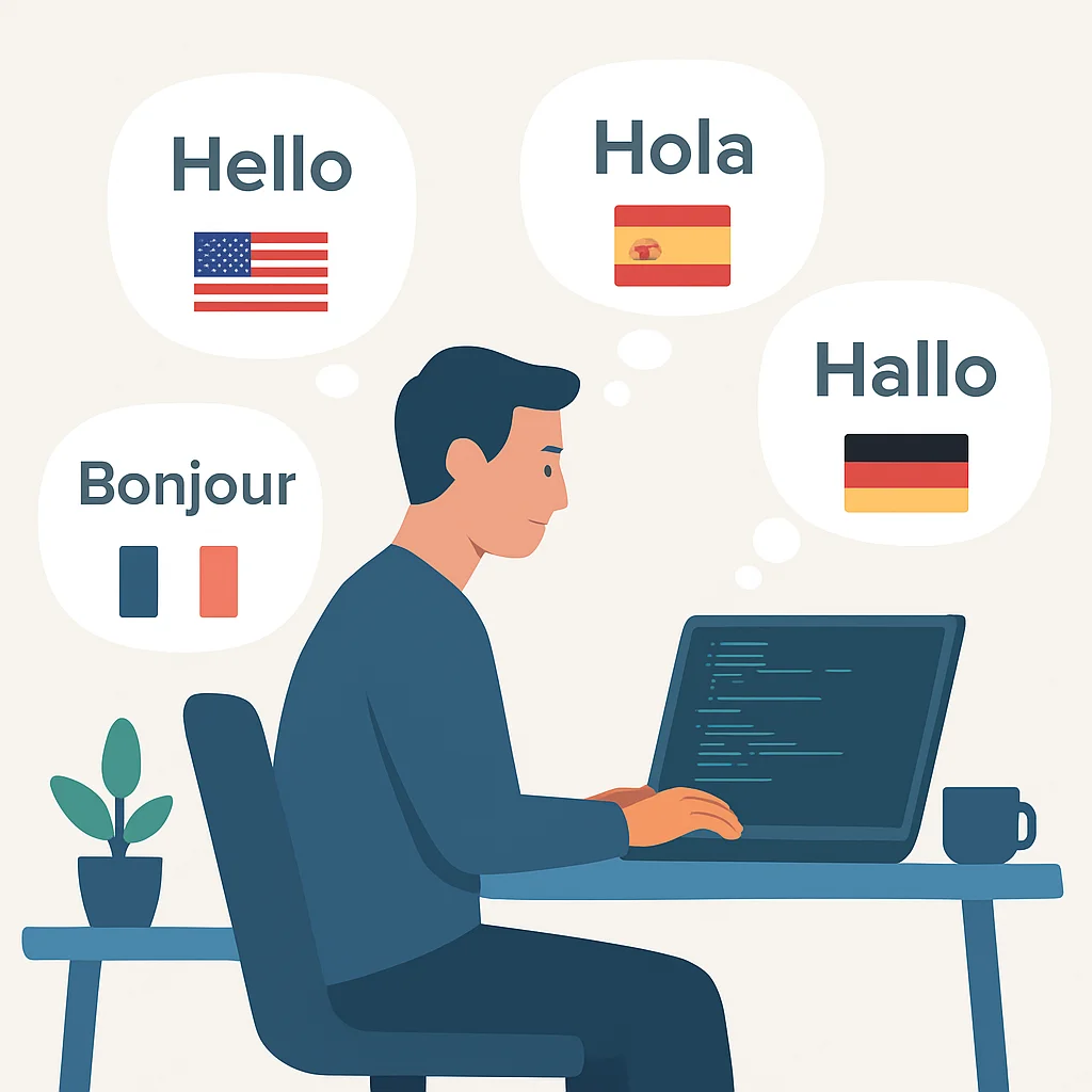 Developer learning languages while coding, global team collaboration