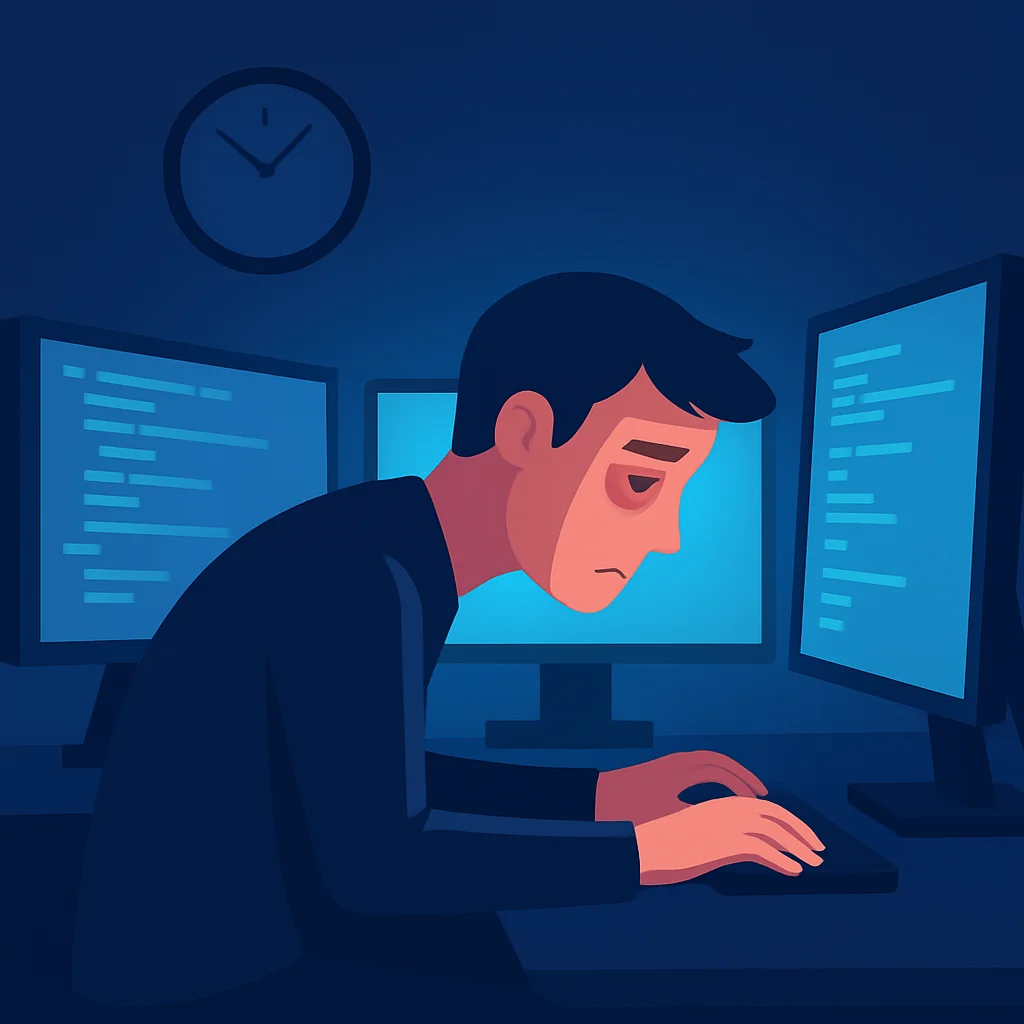 Developer with digital eye strain from multiple monitors