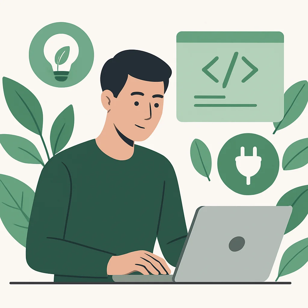 Developer practicing green coding with eco-friendly icons