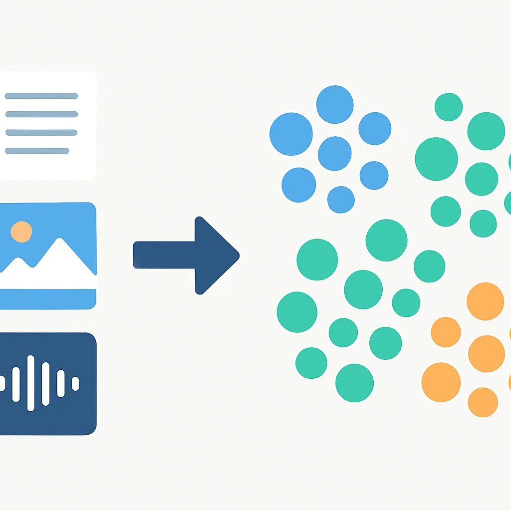 Data types transforming into vector embeddings clustered by similarity