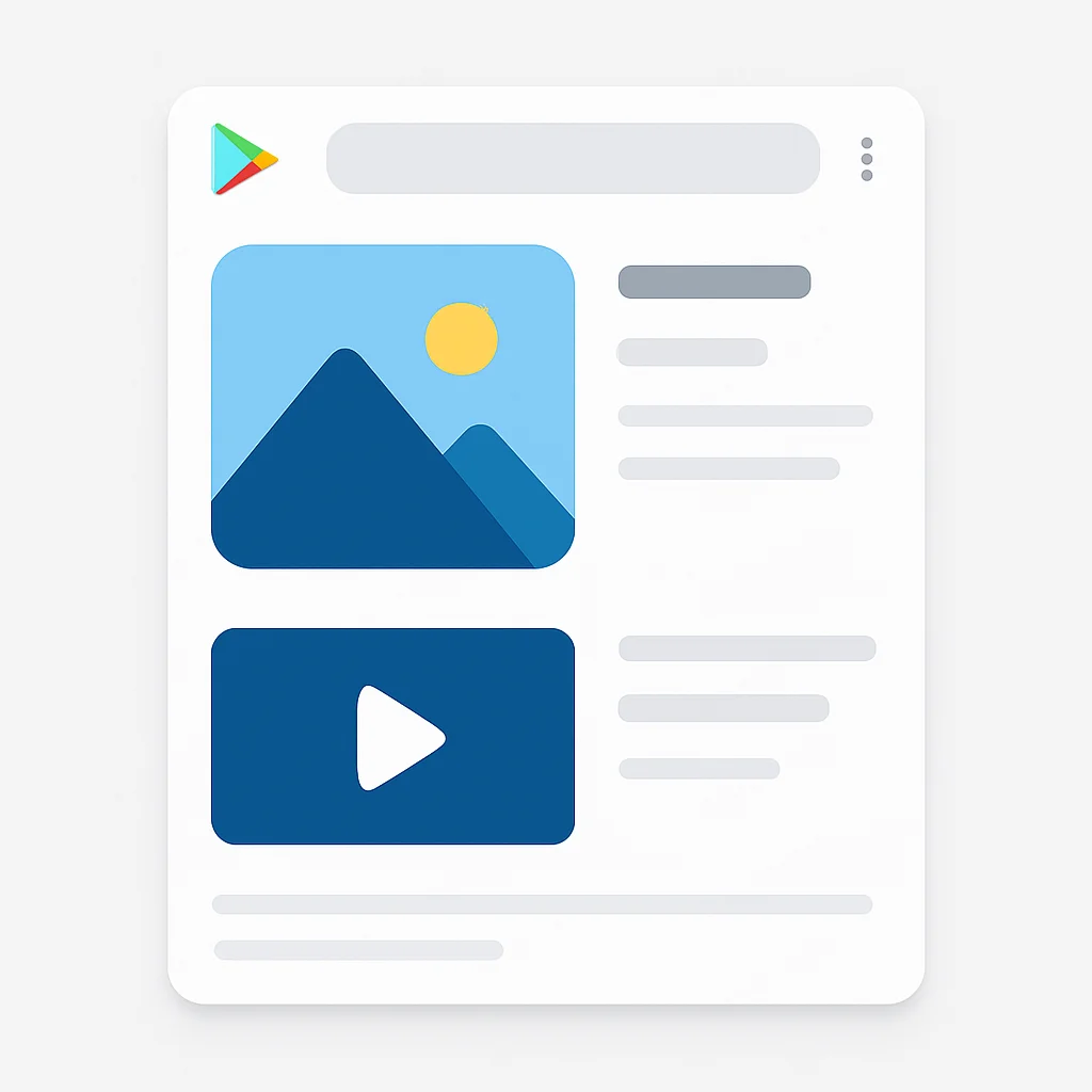 Google Play Store listing with feature graphic and promo video