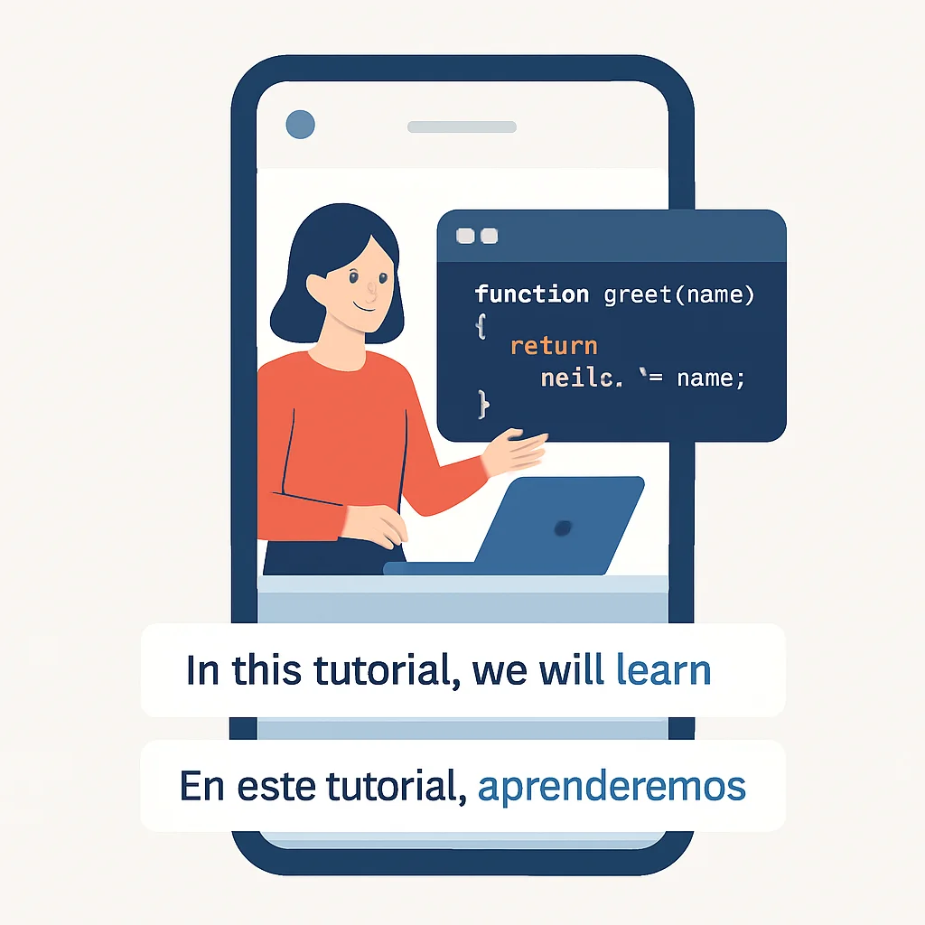 Language learning app with dual subtitles on coding tutorial
